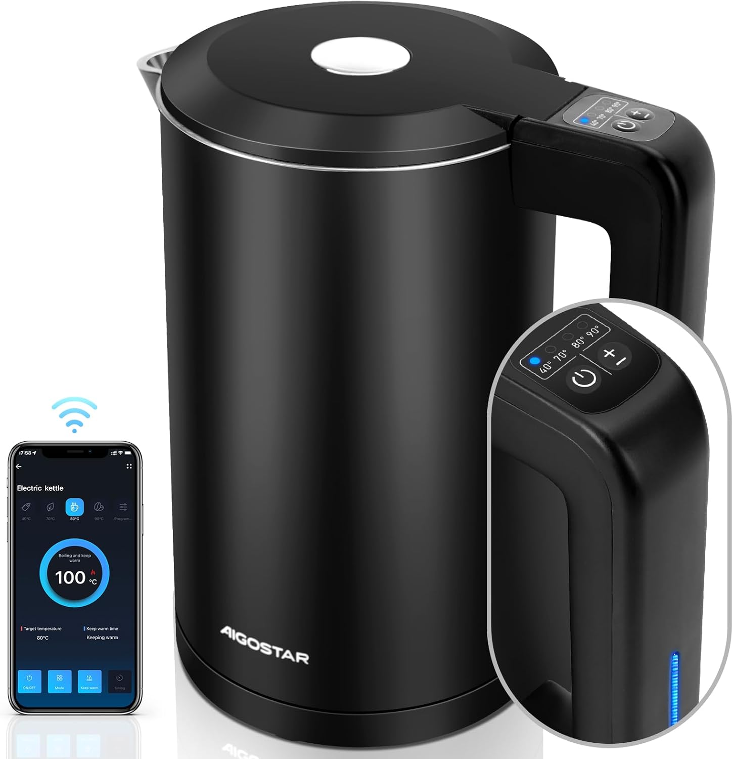 Aigostar Benjamin - Smart Water Kettle Einstellbare Temperatur von 40°C bis 100°C, Wi-Fi, Alexa und Google Home Verbindung. Doppelwandig aus Edelstahl, 2200W, 1,7L, Warmhalten 24 Std.