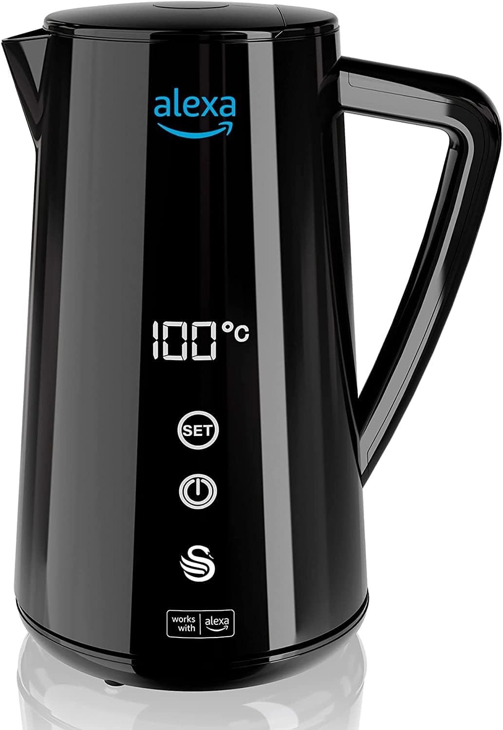 Swan Alexa Smart Wasserkocher WIFI Smart Kettle 1.5L, kabellos, LED Touch Display, Warmhaltefunktion, isolierte Wand aus Edelstahl, 1800W, Schwarz, SK14650BLKNEU